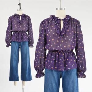 Vintage 80s Purple Sheer Blouse Polka Dot Ruffle Tie Neck Peplum Waist Top